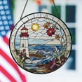 thumbnail image 3 of Lighthouse and Ocean Scene Glass Suncatcher – Handcrafted Stained Glass Panel with Coastal Waves, Bright Sun, and Colorful Flowers, 3 of 5