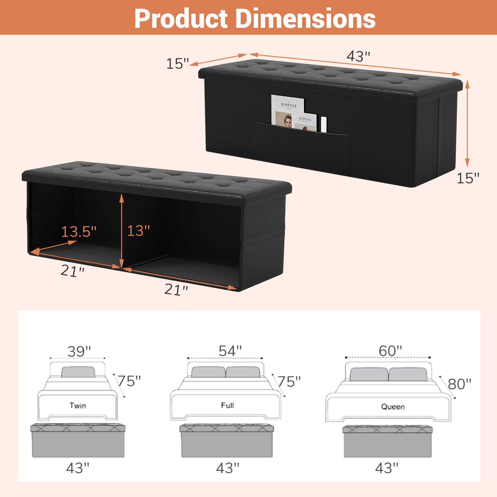 Costway Folding Storage Ottoman Bench, Black photo 3