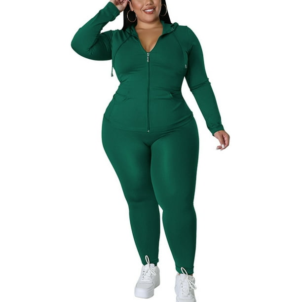 LUXUR Women Two Piece Outfit Long Sleeve Jogger Set Plus Size Tracksuit  Sets Athletic Sweatsuit Hooded Neck Sweatshirt And Sweatpant Green 3XL