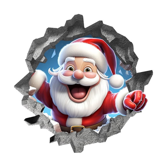 3D Look Christmas Wall Stickers Santa Claus Snowman Reindeer Break Through Wall Design Removable PVC Wall Decals for Bedroom Living Room Home Holiday Decor