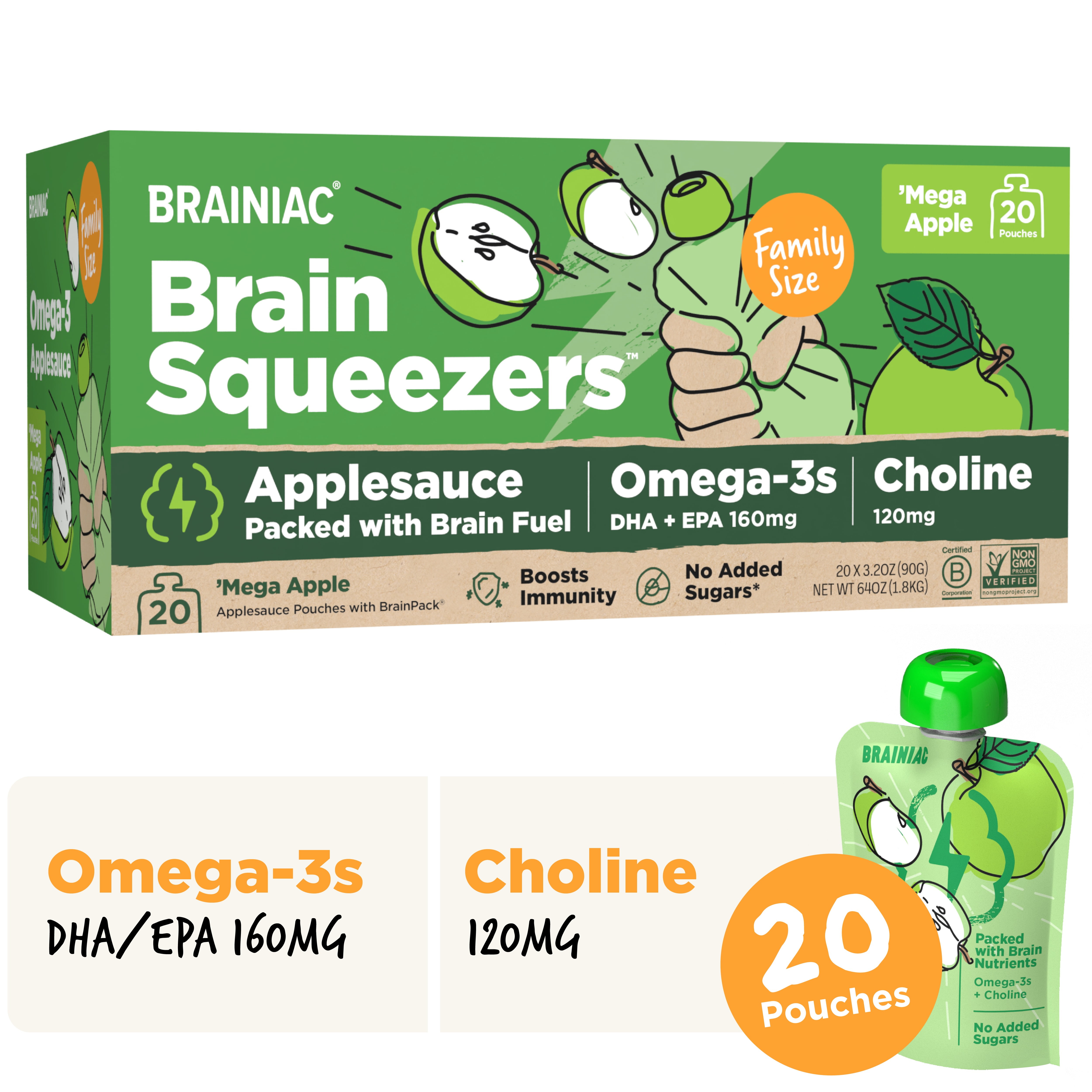Brainiac Omega-3 Applesauce, Apple, No Sugar Added, 3.2 oz, 20 Ct