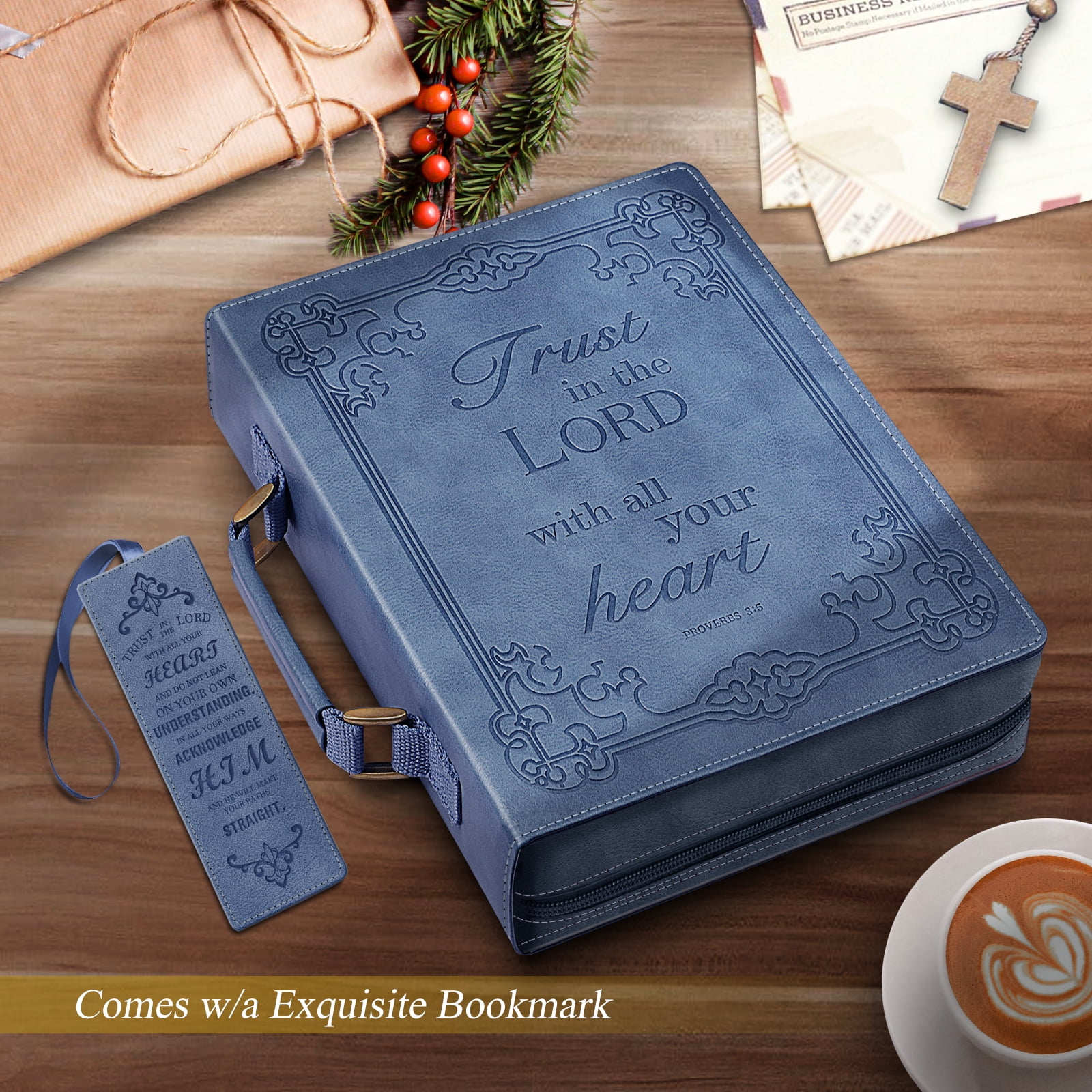 Classic Bible Cover, FINPAC Extra Large PU Leather Carrying Book Case Church Bag Bible Protective with Handle, Perfect Gift for Men, Women, Father, Mother, Friends [Trust in The Lord], Blue