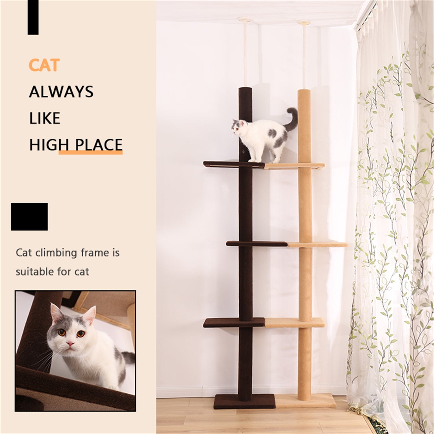 Pefilos Three Tier Cat Tower for Indoor Cats Floor-to-Ceiling Cat Tree Cat Climbing Tree Modern Cat Tree Tower 9 Feet (Adjustable 90"-108" Tall), Beige Pefilos Three Tier Cat Tower for Indoor Cats Floor-to-Ceiling Cat Tree Cat Climbing Tree Modern Cat Tree Tower 9 Feet (Adjustable 90"-108" Tall), Beige