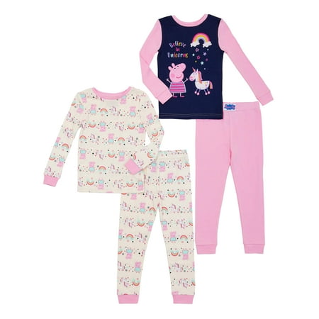 Peppa Pig Toddler Girl Snug Fit Cotton Long Sleeve Pajamas, 4Pc Set