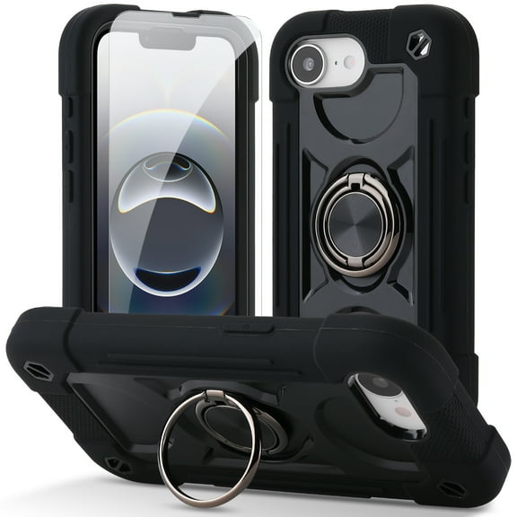 Dteck Case with with Tempered Glass Screen Protector for iPhone 16e /iPhone 17e,Shockproof Double Ring Stand Case Heavy Duty Silicone  PC Military Grade Back Cover for iPhone 16e/17e,Black