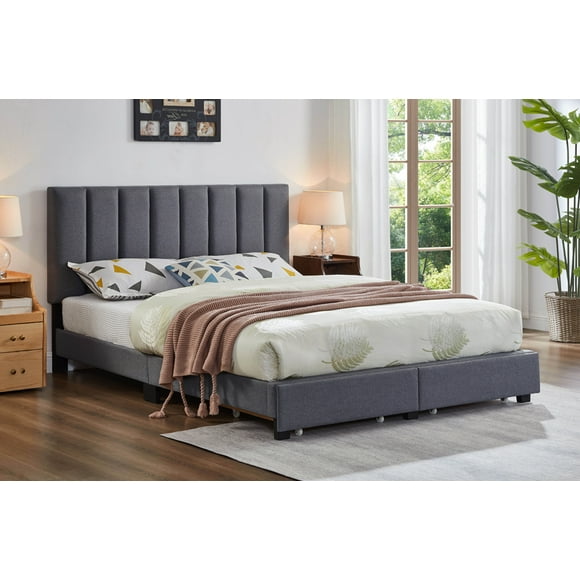 Jesse Upholstered Storage Platform Bed with Drawers & Adjustable Tufted Headboard, No Box Spring Required, Grey, Queen