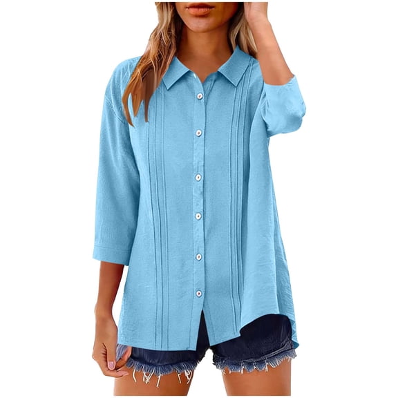 Cilsoka 3/4 Sleeve Tops for Women Button Down Shirts V Neck Pleated Casual Loose Blouses Roll Up Sleeve Shirt