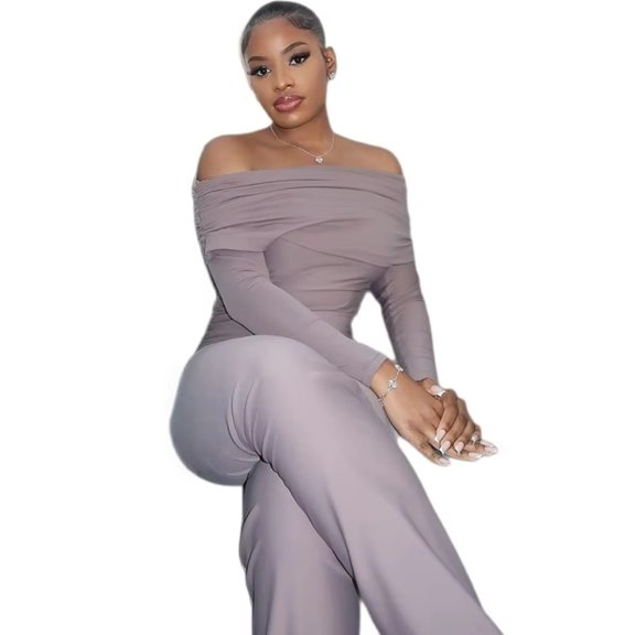 Women's Off Shoulder Strapless Long Raglan Sleeve High Waist Pleated Loose Jumpsuits, Solid Color