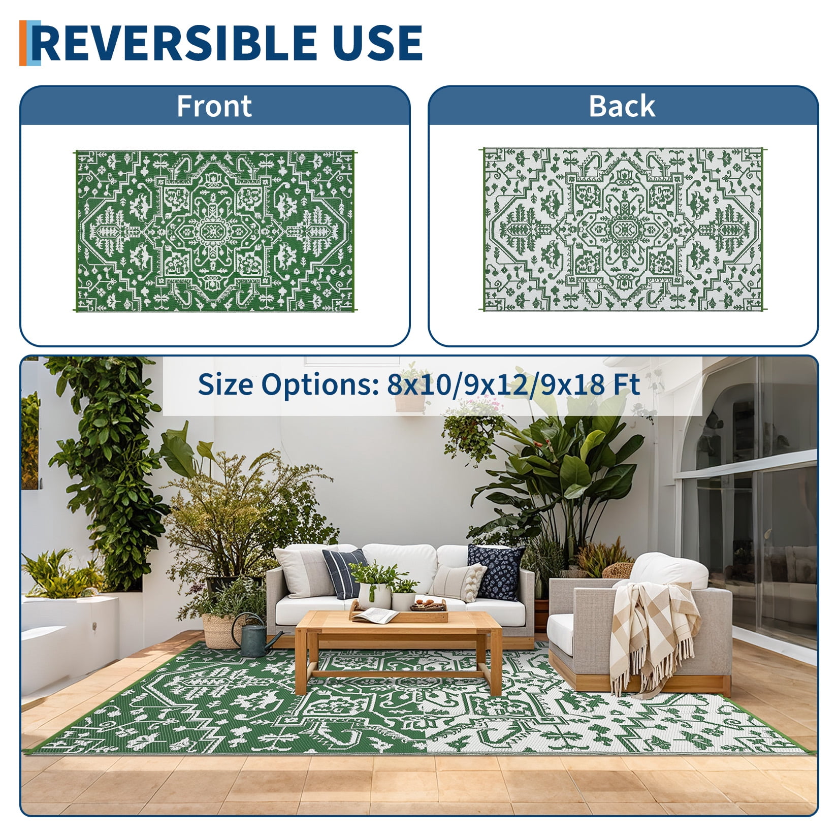 Garvee Large Waterproof Outdoor Rug, 9'x18' Reversible Plastic Straw Patio Rug Vintage Boho Camping Rugs UV-Resistant Outdoor Carpet for RV, Porch Deck Backyard Balcony, Green