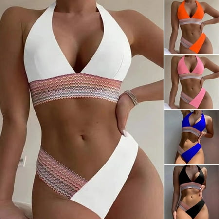 Joernso 2Pcs/Set Women Summer Bikini Set Halter Backless Bra High Waist Swimming Trunks Set Cross-Contrast Colors Beachwear