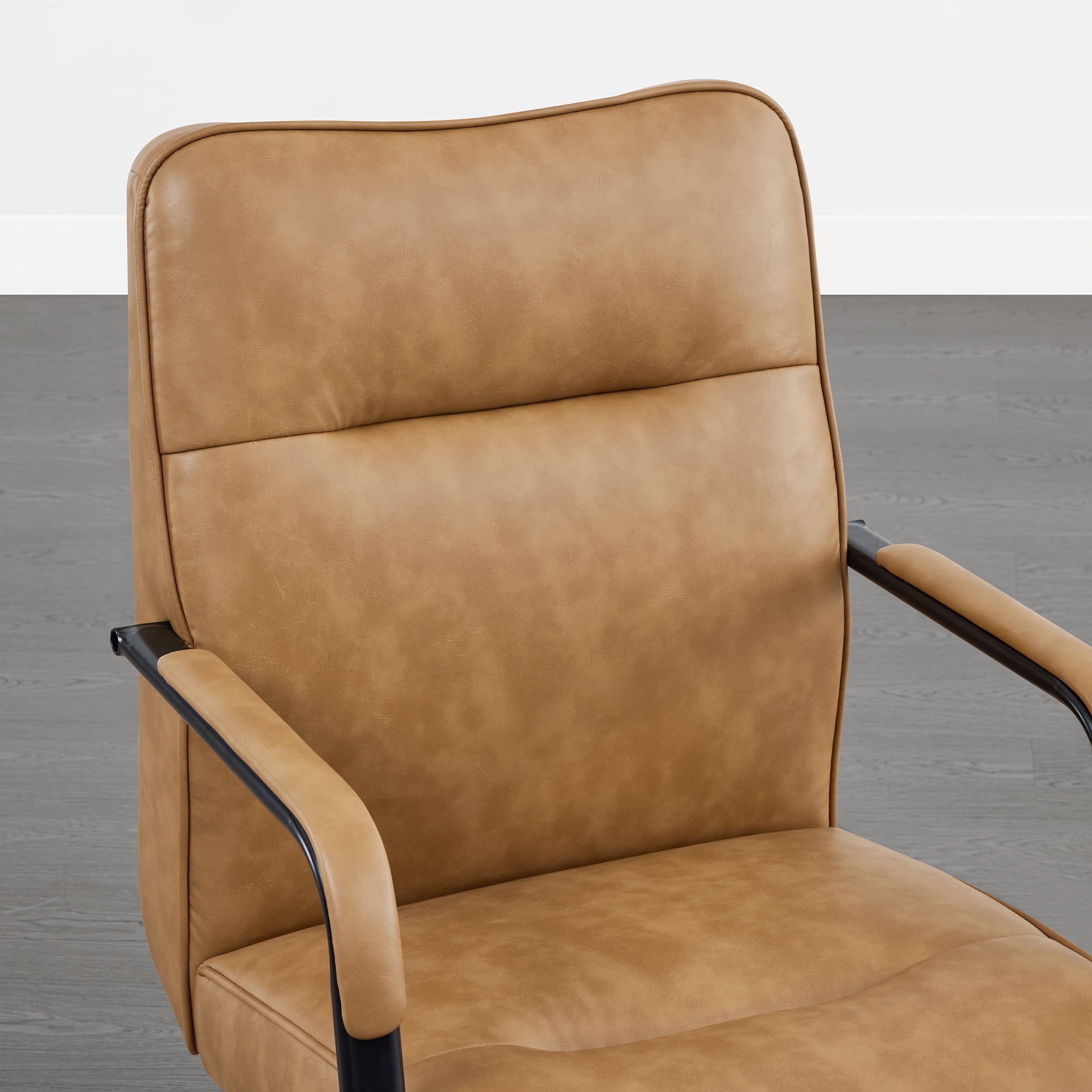 Spruce & Spring Upholstered Swivel Office Chair with Ergonomic High Back, Metal Frame & Upholstered Arms, Saddle Brown Faux Leather