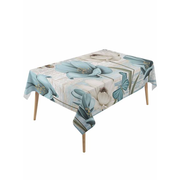Spring Floral Rectangle Tablecloth, Vintage Tulips Flower Butterfly Retro Wood Blue Waterproof & StainResistant Tablecloth, Washable Oil-proof Table Cover for Dining/Party/Wedding/Buffet 54x108 In