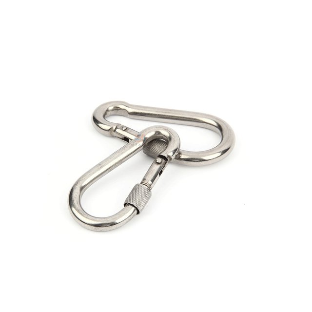 advancent gancho de escalada ganchos a presión mosquetones de aparejo accesorio de fijación hebilla de fijación de seguridad clip de escalada m9 (con tuerca) dos mosquetones de acero inoxidable color plata, vista frontal centrada de los elementos entrelazados; uno con cierre de rosca estriado y otro con barra de resorte, acabado pulido y superficie lisa, silueta compacta en forma de pera, tamaño de paquete aprox. 14 x 1.1 x 1.1 cm. Apto también para colgar y organizar equipo en mochilas o llaveros.