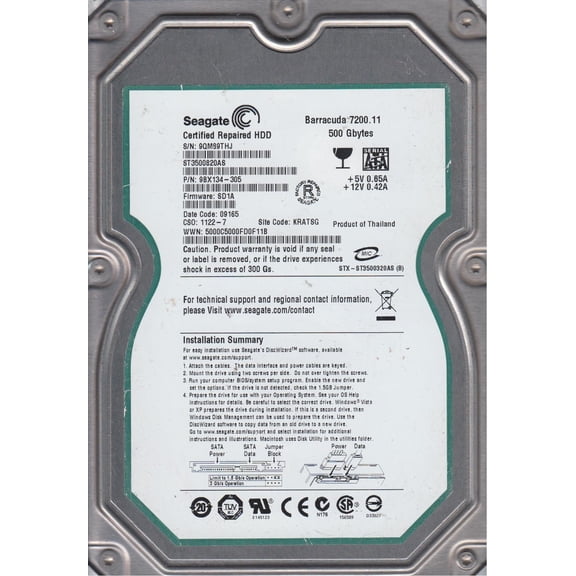 ST3500820AS, 9QM, KRATSG, PN 9BX134-305, FW SD1A, Seagate 500GB SATA 3.5 Hard Drive