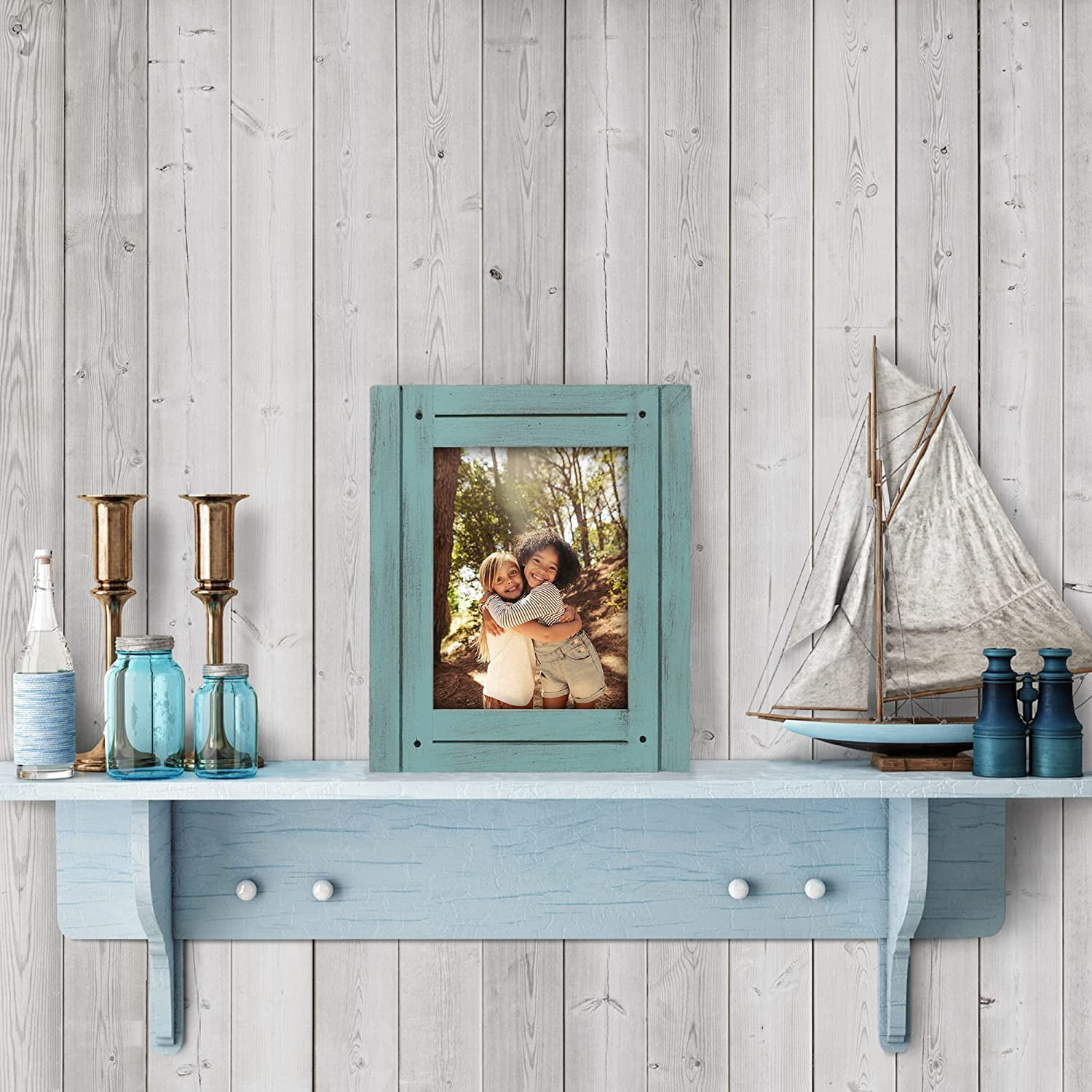 Americanflat 6x8 Rustic Picture Frame in Turquoise Blue with Textured Wood and Polished Glass - Horizontal and Vertical Formats for Wall and Tabletop - Farmhouse Style