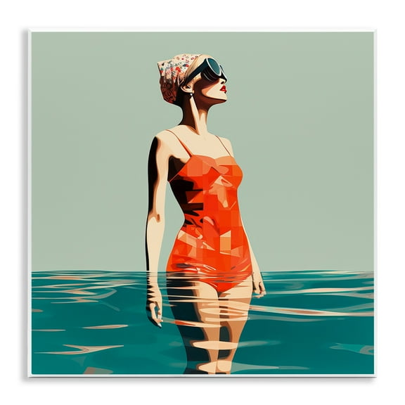 Stupell Industries Retro Woman in Swimsuit Novelty Painting Unframed Art Print Wall Art, 12 x 12