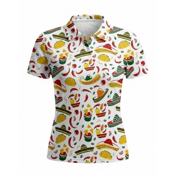 Golf Shirts for Women Mexico Food Print Polo Shirt Short Sleeve Moisture Wicking Blouse Tops White S-3XL