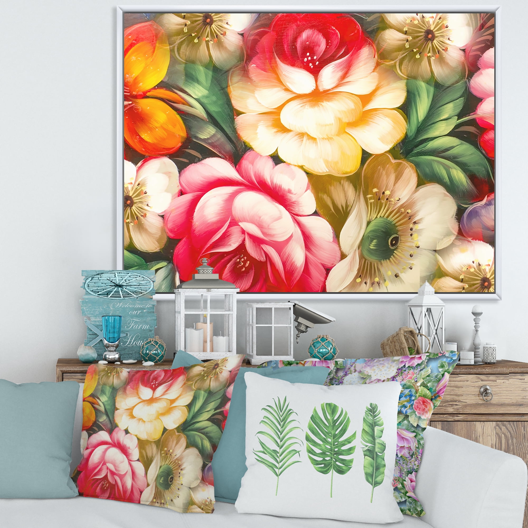 Designart 'Red and Yellow VIntage Flowers' Traditional Framed Canvas Wall Art Print