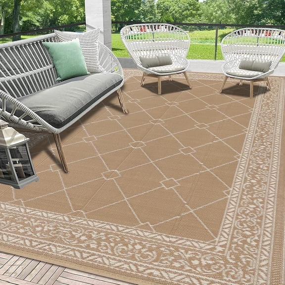 Enyhom Beige Outdoor Rug Waterproof 6'x9'Reversible Plastic Straw RV Camping Rug,Outside Carpet for Porch,Deck,Camper,Balcony,Backyard,Picnic