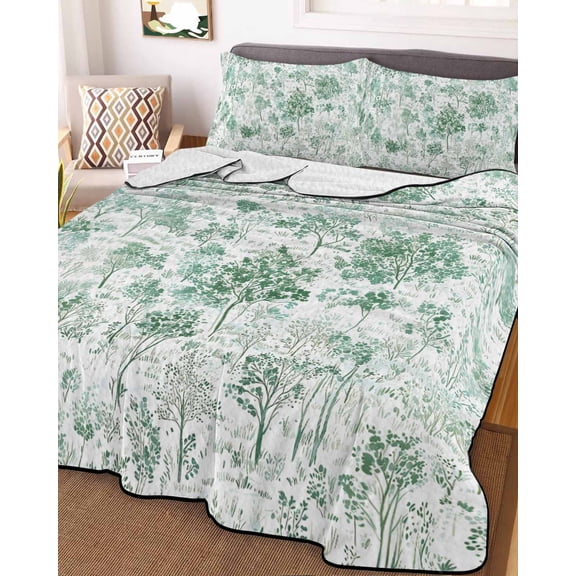 Green Botanical Queen Size Down Alternative Comforter, Lightweight Comforter Quilt Bedding Set with Pillow Shams Watercolor Spring Floral Summer All Seasons Bed Comforter Duvet Insert 90"x96"
