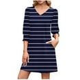 thumbnail image 2 of Qulqfy Mini Womens Dress 3/4 Sleeve Casual Blue Tunic Striped Short V Neck Dresses Women Fall Dresses L, 2 of 7