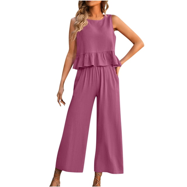 Hauts Funicet pour Femmes Décontractés d'Été, Blouses pour Femmes Mode, Mode Décontractée Femmes Col Rond Sans Manches Bouton Pli Haut Poche Pantalon Ensemble, Hauts Femmes Été, Hauts et Blouses Femmes