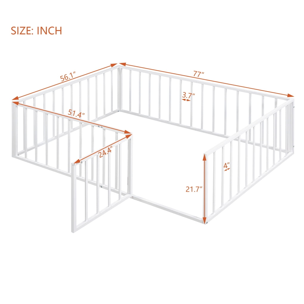 Full Size Floor Bed for Kids and Toddlers, Metal Montessori Floor Bed with 21.7" High Full-Length Fence and Door, Safety Montessori Bed Frame for Kids Girls and Boys, No Slats Supports, White
