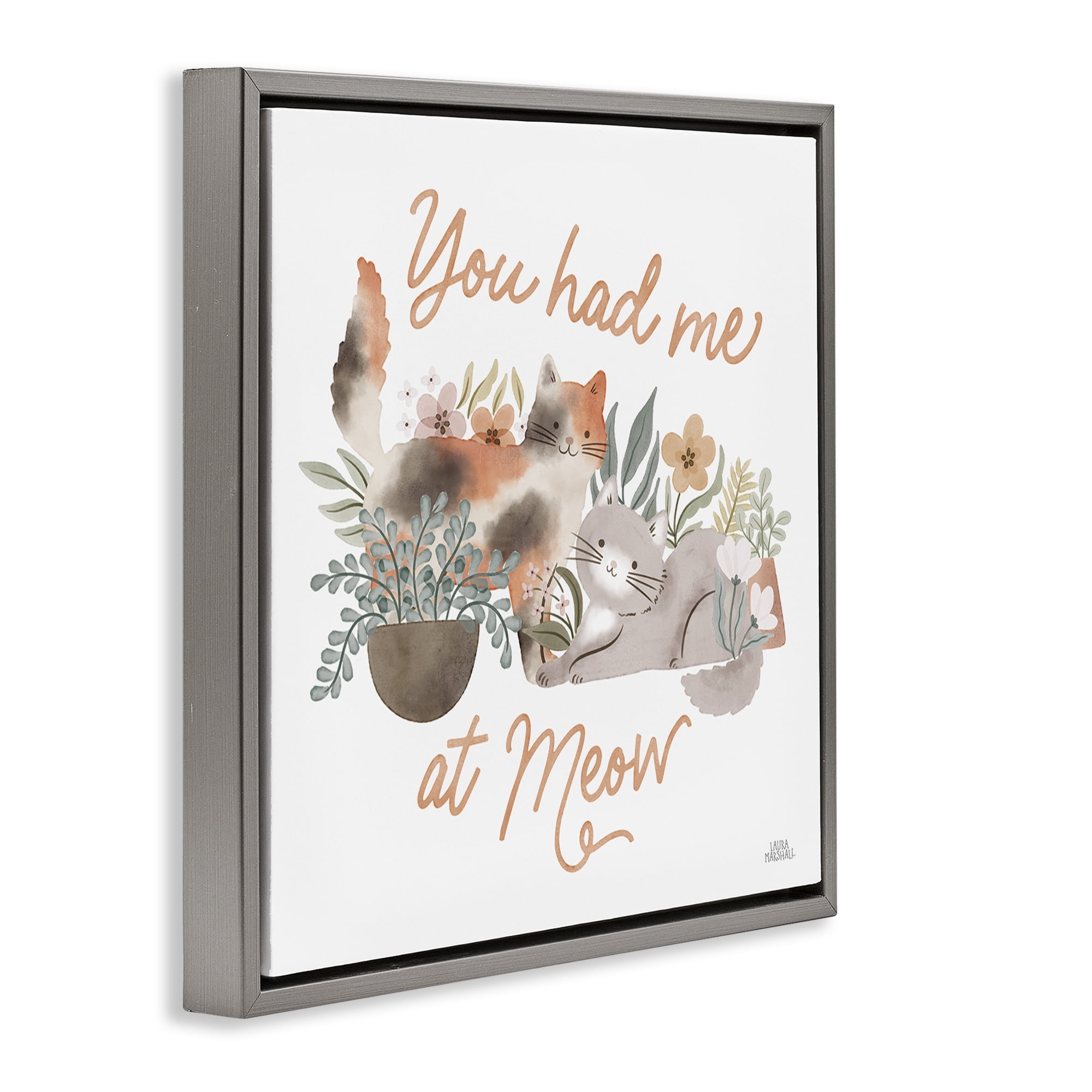 Stupell Industries Meow Garden Friends Animals & Insects Painting Gray Floater Framed Canvas Art Print Wall Art, 18 x 18