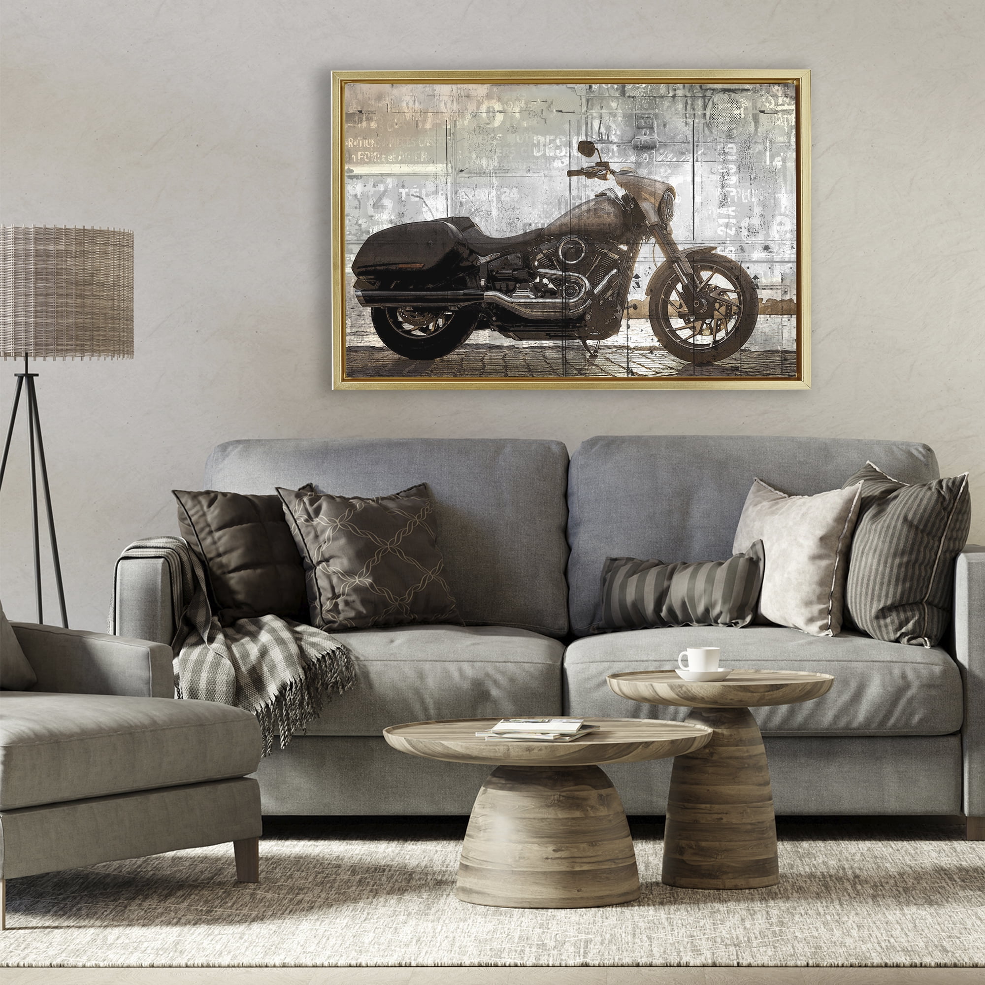 Stupell Industries Sunset Ride Motorcycle Gold Framed Floater Canvas Wall Art, design by Kim Allen