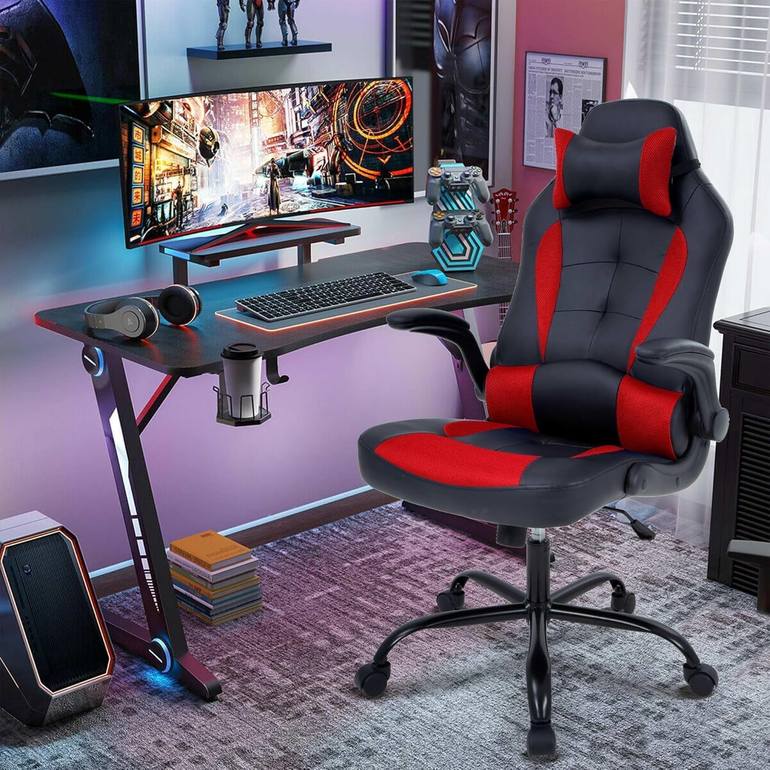 Dkelincs PC Gaming Chair Ergonomic Office Chair with Lumbar Support Flip Up Arms Headrest Adjustable Computer Desk Chair for Adults, Red