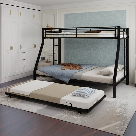 QSOCSSP 3 in 1 Twin-XL Over Queen Bunk Bed with Twin Trundle, 100% High-Quality Steel, 12.2in Extra-High Guardrails, No Warping for 10 Years of Use