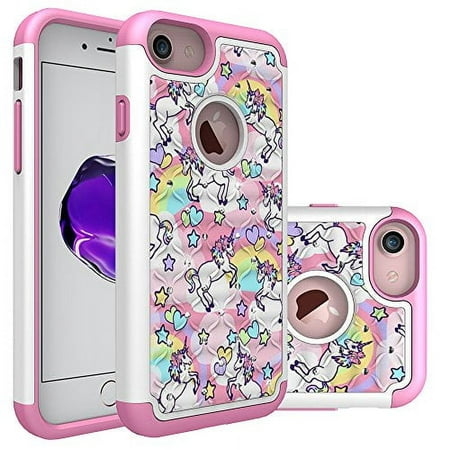 iPhone 7 Case, iPhone 8 Bling Case, Rainbow Unicorn Pattern Heavy Duty Shockproof Studded Rhinestone Crystal Bling Hybrid Case Silicone Protective Armor for Apple iPhone 7 iPhone 8