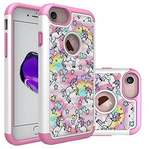 iPhone 7 Case, iPhone 8 Bling Case, Rainbow Unicorn Pattern Heavy Duty Shockproof Studded Rhinestone Crystal Bling Hybrid Case Silicone Protective Armor for Apple iPhone 7 iPhone 8
