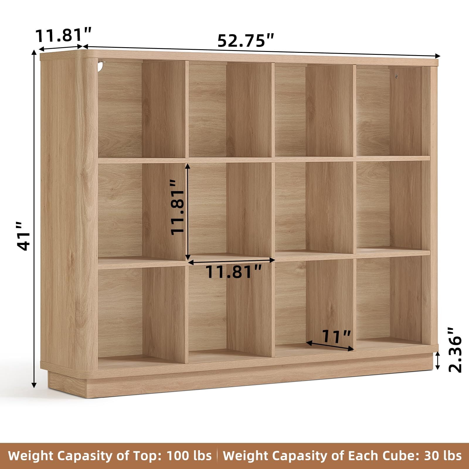 Buildhom 12-Cube 3-Tier Storage Bookcase, 41" Tall Floor Standing Bookshelf with Curved Edge for Living Room, Office, Natural