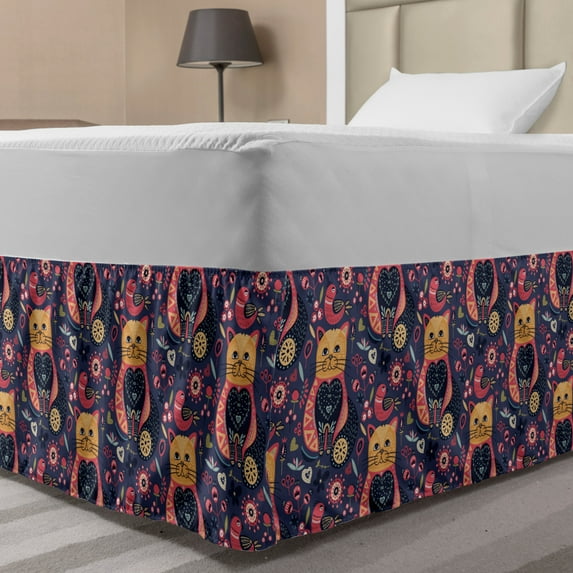 Flower Bed Skirt, Ornamental Doodle Cat in Funky Tribal Floral Bouquet Heart Tulip Cartoon, Elastic Bedskirt Dust Ruffle Wrap Around for Bedding Decor, 4 Sizes, Dark Indigo Multicolor, by Ambesonne