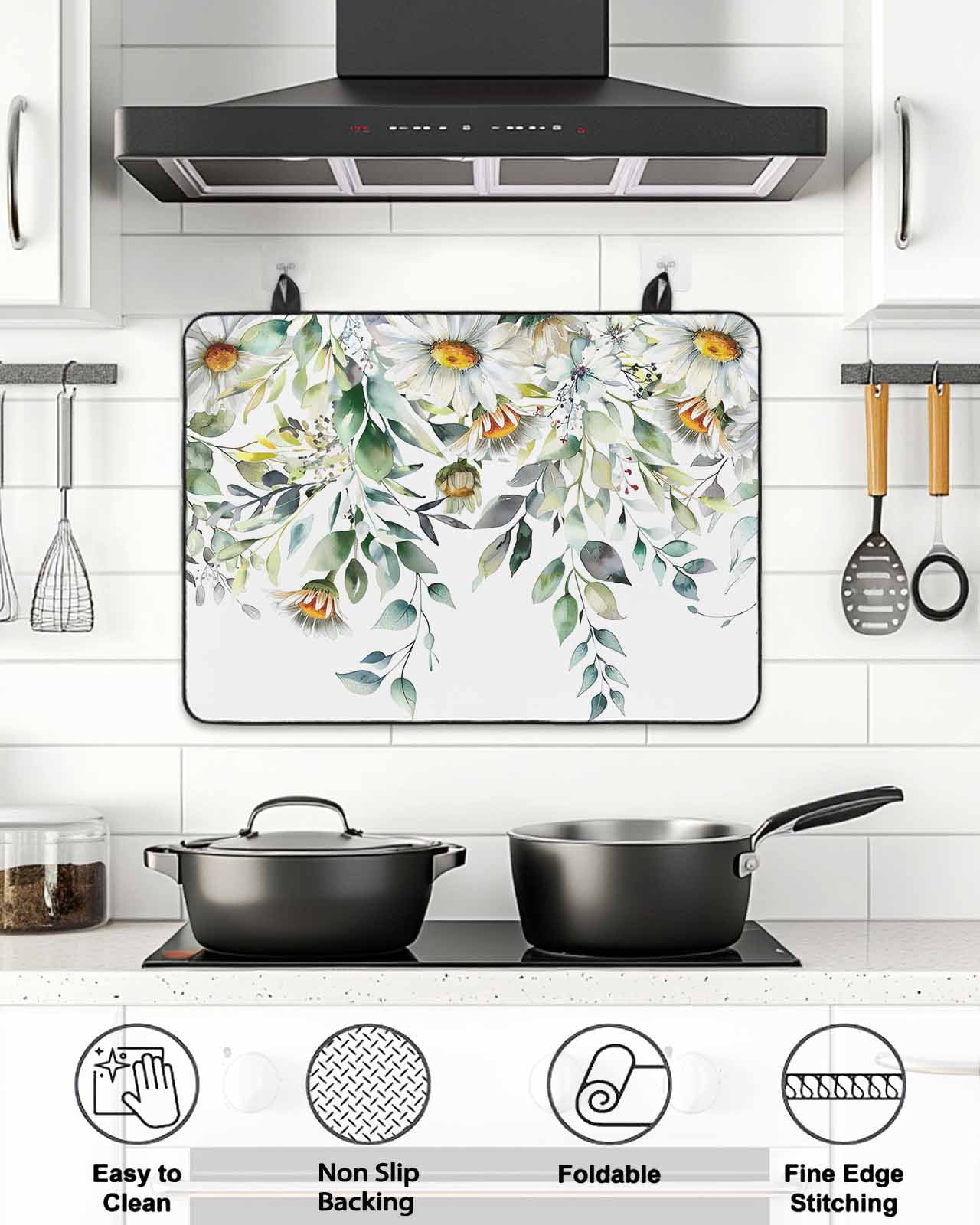 Stove Top Covers for Electric Stove, Eucalyptus Leaves Glass Stovetop Cover Protector, White Daisy Spring Floral Summer Botancial Induction Cooktop Protector Oven Mat for Kitchen Countertop 24"x21"