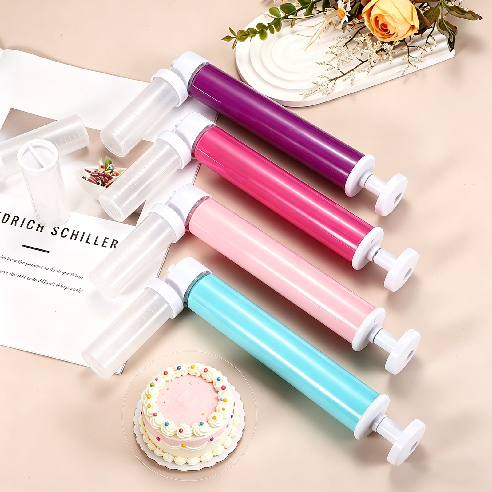 Uxcell 2Pcs Manual Air Brush for Cake Decorating, Cake Air Brush Kit Spray Gun with 4 Tubes for Home Kitchen DIY Baking Cake Cupcakes Cookies and Desserts, Purple/Pink