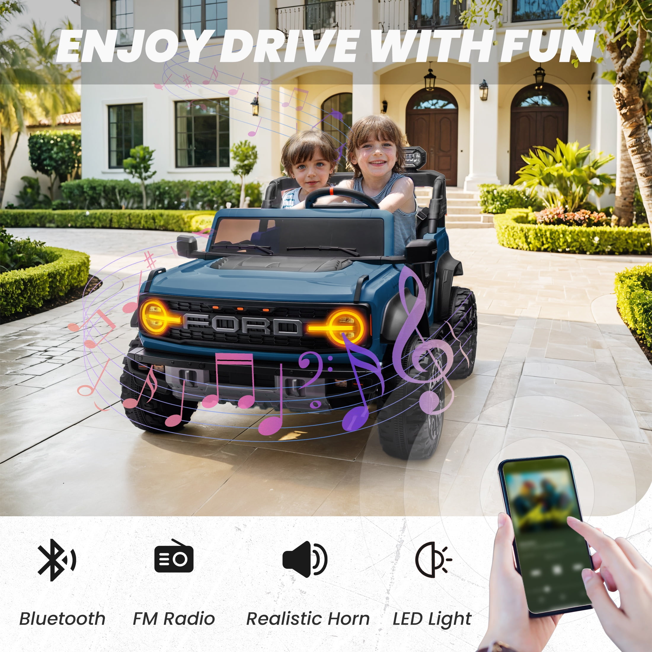 24V 2 Seater Ride on Cars for Big Kids, Licensed Ford Bronco Raptor Powered Ride on Toy Truck with Remote Control, Spring Suspension, Bluetooth, LED Light, Electric Car for Kids 3-8 Boys Girls, Blue