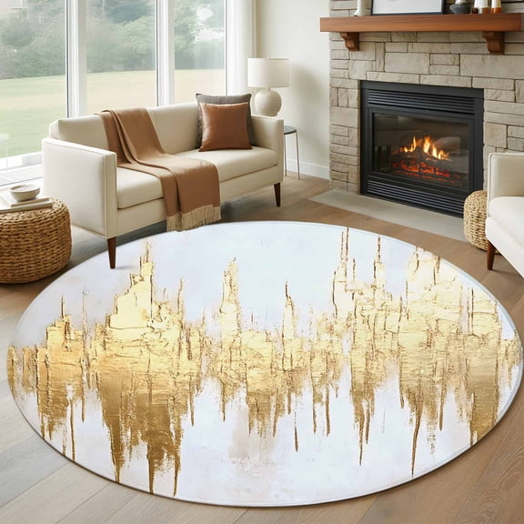 Round Area Rug 6ft, Abstract Gold Non-slip Area Rugs Carpet for Living Room/Bedroom/Bathroom/Kitchen, Modern Minimalist Art White Gray Ripple Washable Throw Floor Mat Indoor Outdoor Entrance Doormat