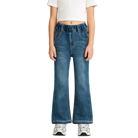 MuXiKeJi Clothes Girls Denim Pants Y2K Fashion Flared Stretch Denim Pants Rhinestone Detail Casual Bottoms for Toddler Big Kids Girls Denim Trousers