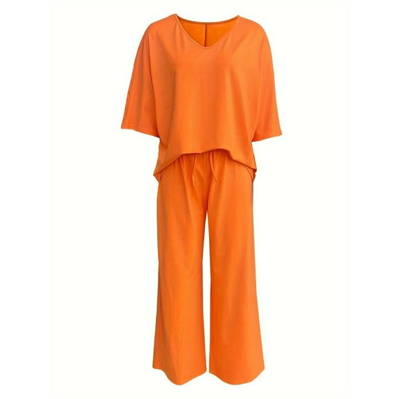 Kaemgyyd Women Fall Fashion 2 Piece Outfits Half Sleeve T Shirts and Soft Drawstring Wide Leg Trousers Matching Lounge Sets Tracksuit