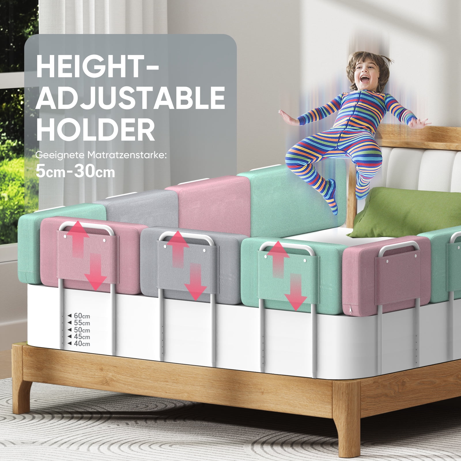 Kidsbuddy 19.7" Toddler Bed Rails Guard Foldable Portable Kids Bed Rail 5 Hole Height Adjustable Bed Rails for Toddlers, 2PC, Grey