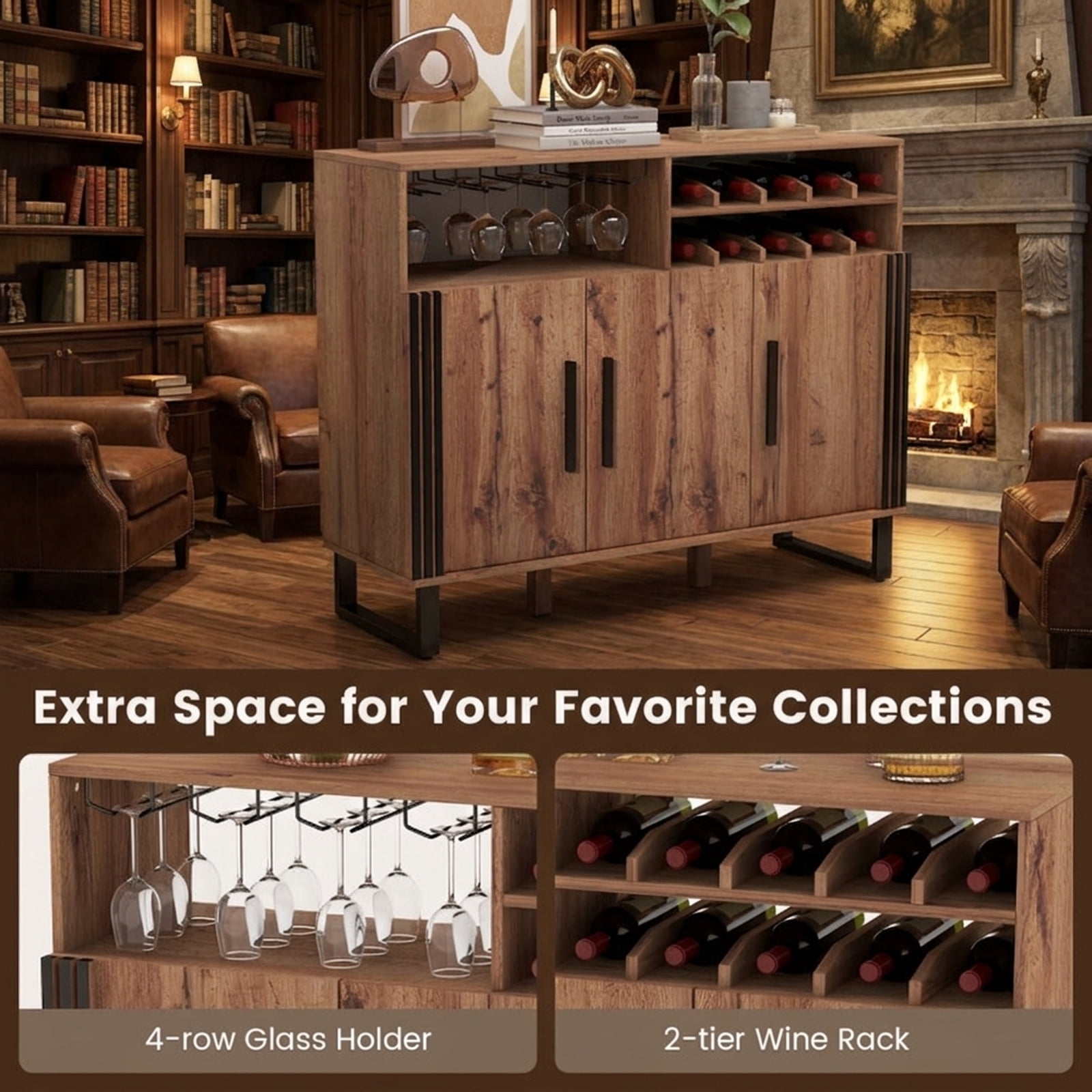 Furnibear 47" Wine Bar Cabinet with Wine Rack and Storage with Adjustable Shelves for Kitchen Pantry - Brown
