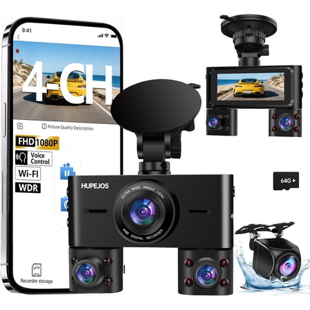 360° Dash Cam Front and Rear Inside, 4 Channel Camera for Cars FHD 1080Px4, Built-in Wi-Fi, 3.16” IPS Screen, WDR Night Vision, Voice Control, Included 64GB Card, 24H Parking Mode