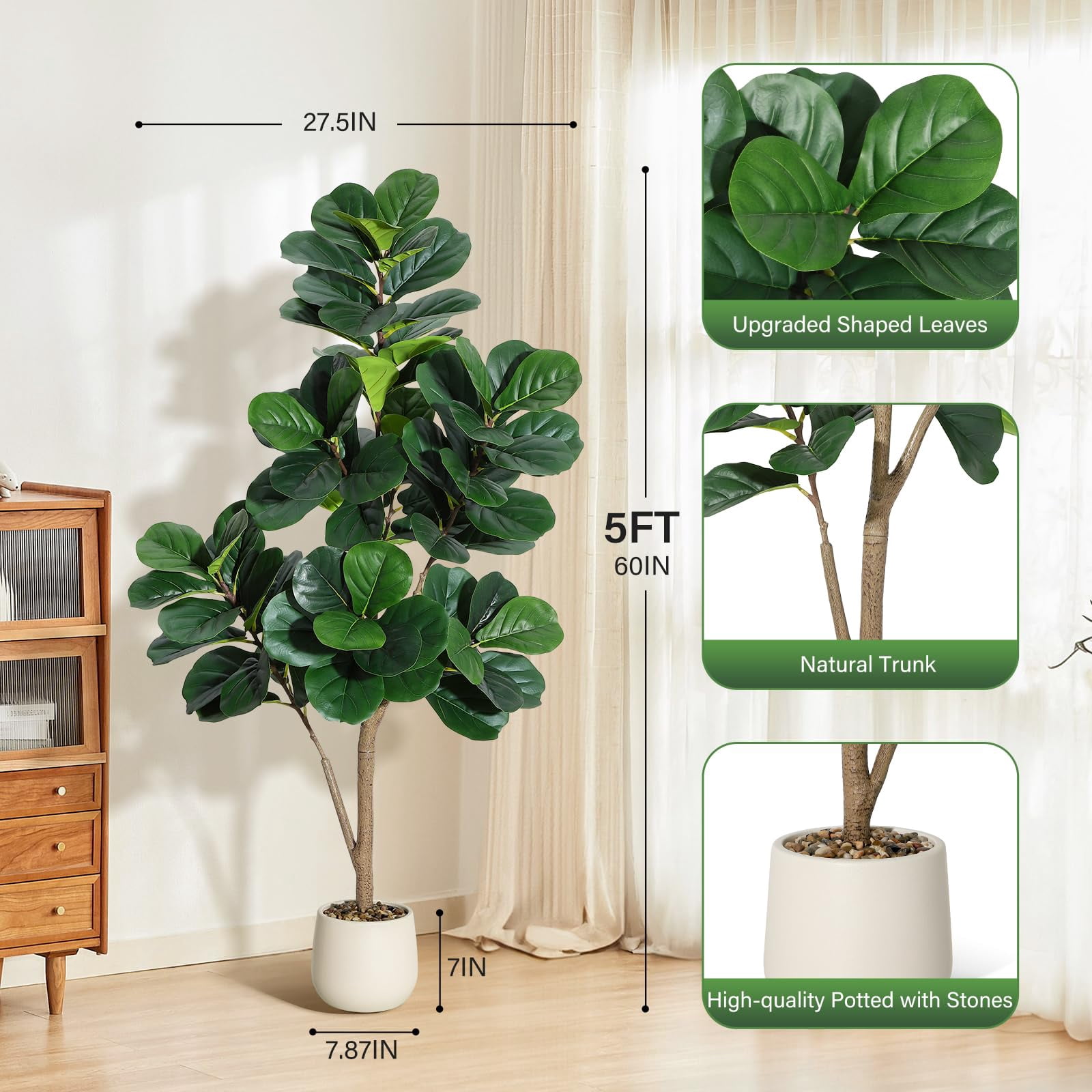 Artificial Fiddle Leaf Fig Tree 5ft – Realistic Faux Ficus Lyrata Floor Plant with White Planter, Indoor Fake Tree for Home Office Living Room Decor