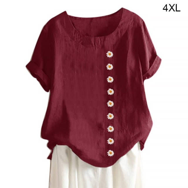 Blusa Camisa de manga corta suelta de lino Cuello redondo Mujer Top de verano, Rojo, 4XL Monstrate AP001856-05