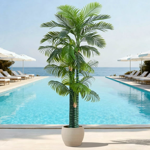 8.5FT Artificial Golden Cane Palm Tree, UV Resistant Fake Plant for Indoor Outdoor, 4-Trunk Faux Tree in Cement Pot for Patio, Living Room, Office Tropical Decor