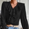 thumbnail image 2 of Timegard Womens Tops V-Neck Ruffle Long Sleeve Button Solid Color Comfy Tshirts Dressy Casual Loose Top, 2 of 5