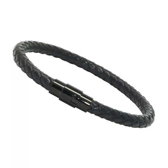 Genuine Braided Leather Bracelet With Stainless Steel Magnetic Clasp, Black