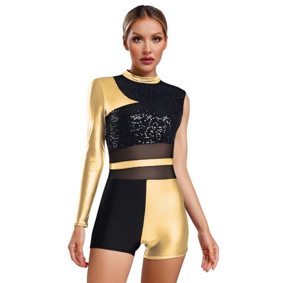 vastwit Women's Sequin Latin Dance Leotard Metallic Short Leg Rompers Gymnastics Performance Tumbling Bodysuit Yellow XXL